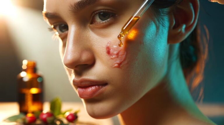 Illustration de l’application d’une huile de rose musquée sur une cicatrice pour accélérer la régénération de la peau