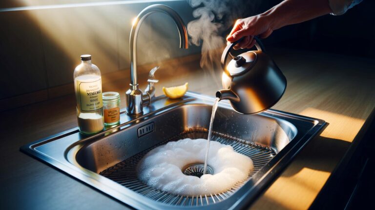 Illustration de l’élimination des odeurs d’égout en 5 minutes grâce à un mélange maison de bicarbonate, vinaigre et eau chaude versé dans le siphon de l’évier