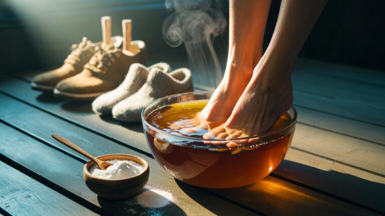 Illustration de pieds immergés dans un bain au thé noir et vinaigre, accompagnés d’une poudre bicarbonate-fécule pour neutraliser les odeurs et assurer une fraîcheur durable