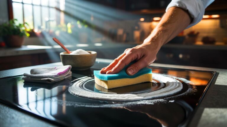 Illustration de [bicarbonate de soude appliqué et frotté à l’éponge sur une plaque de cuisson pour effacer des taches tenaces]