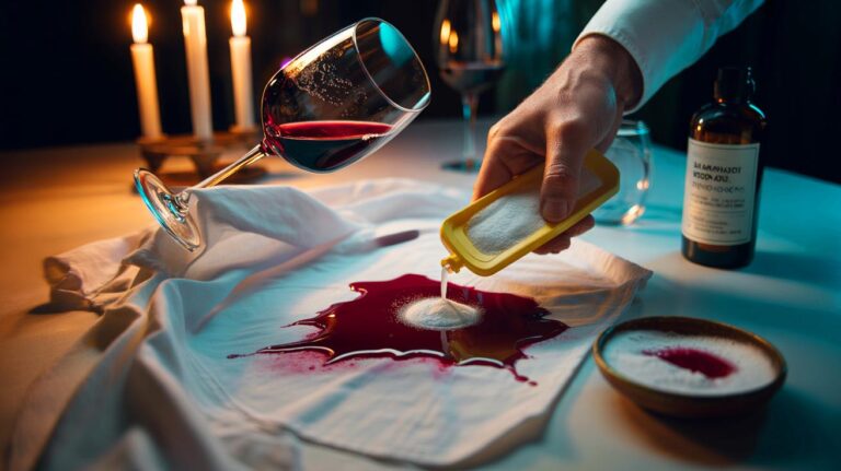 Illustration de l’élimination immédiate d’une tache de vin rouge sur vêtement grâce à un mélange de bicarbonate, de liquide vaisselle et d’eau oxygénée