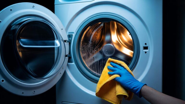 Illustration de l’intérieur du joint du hublot d’une machine à laver encrassé de moisissures, source d’odeurs et de taches sur les vêtements