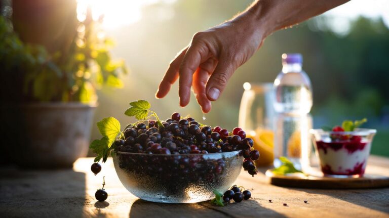 Illustration de cassis, fruit d’été riche en vitamine C et antioxydants, allié naturel contre les coups de fatigue