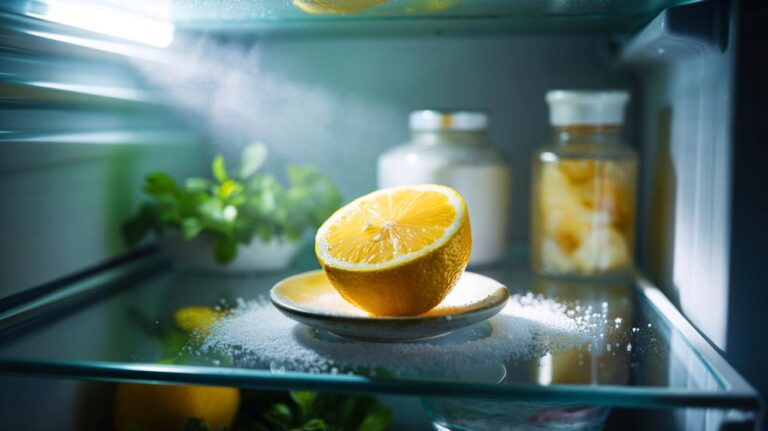 Illustration de la méthode du demi-citron salé sur une coupelle dans le réfrigérateur pour absorber l’humidité et prévenir la moisissure