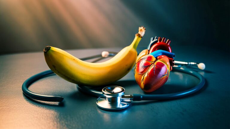 Illustration de la banane, fruit tropical riche en potassium, contribuant à réguler la tension artérielle et à protéger le cœur selon les médecins