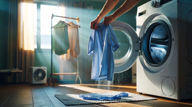 Illustration de [la sortie immédiate du linge de la machine, secoué et étendu avec aération pour empêcher la moisissure sur les vêtements]