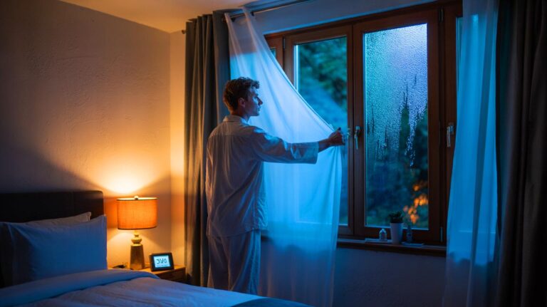 Illustration de l’aération de la chambre avant le coucher pendant 5 à 10 minutes pour réduire l’humidité et protéger les murs