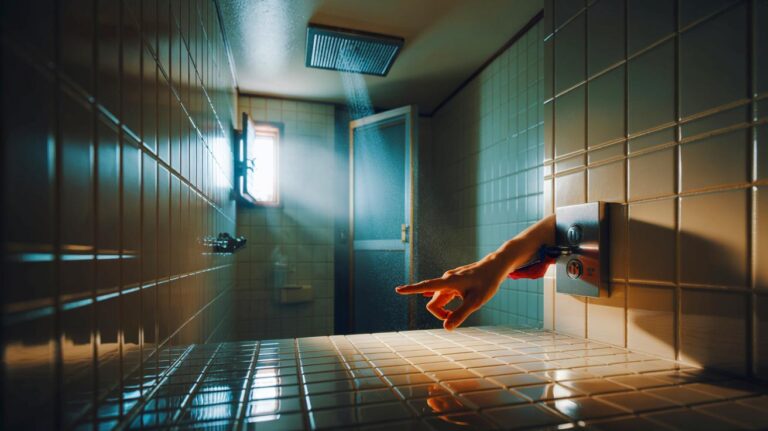 Illustration de l’activation de la ventilation avant la douche pour réduire la condensation et empêcher la moisissure dans la salle de bains