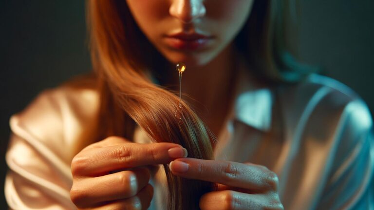 Illustration de l’application discrète d’une micro-goutte d’huile sur les pointes des cheveux, pincées entre les doigts, pour éviter les pointes fourchues