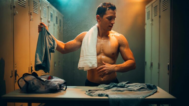 Illustration de l’athlète qui se sèche avec une serviette et retire ses vêtements humides après le sport pour empêcher la prolifération de bactéries sur la peau