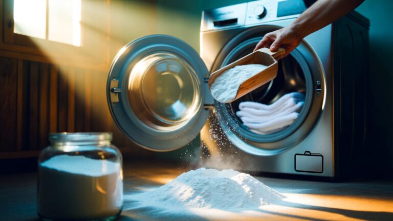Illustration de percarbonate de sodium versé dans le tambour d’une machine à laver pour blanchir le linge blanc sans eau de Javel
