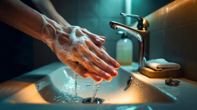 Illustration de mains se lavant au savon sous l’eau tiède pour éliminer les germes et protéger la peau chaque jour