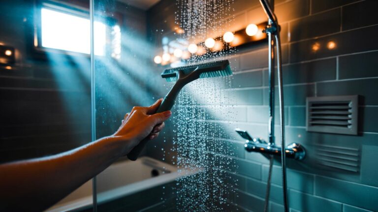 Illustration de l’utilisation d’une raclette sur les parois de douche après la douche pour éliminer l’eau et réduire la moisissure