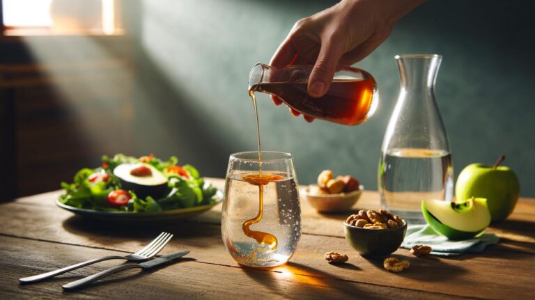 Illustration de [un verre d’eau au vinaigre de cidre bu avant le repas pour réduire le cholestérol et protéger le foie]