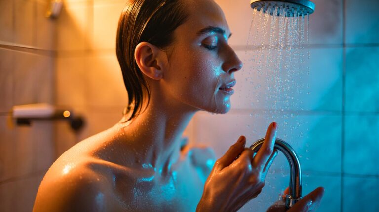 Illustration de l’usage d’eau tiède suivi d’un bref jet d’eau fraîche sous la douche pour protéger la peau des irritations, tel que recommandé par les dermatologues
