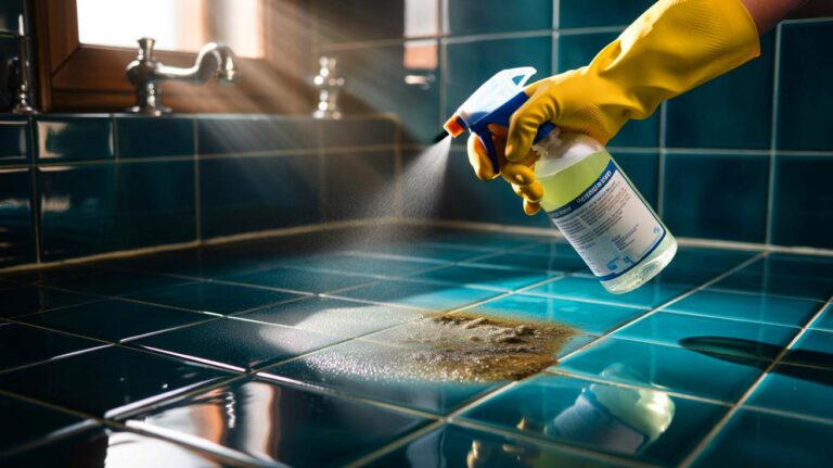Illustration de [vinaigre blanc utilisé comme anti-moisissure naturel sur des carreaux et joints de salle de bains]