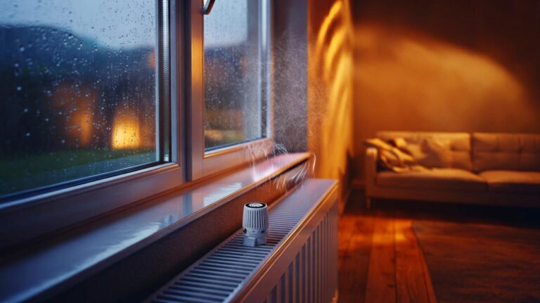 Illustration de l’ajustement discret d’un radiateur pour maintenir des murs parfaitement secs sans condensation