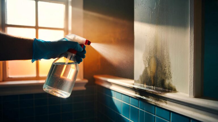 Illustration de l’utilisation de vinaigre blanc pour empêcher la moisissure de revenir sur un mur intérieur