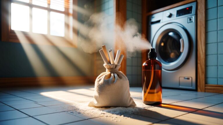 Illustration de sachets de craie et de gros sel posés dans une buanderie pour prévenir la moisissure