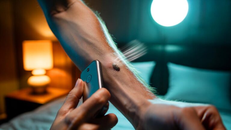 Illustration de [l’utilisation d’une vibration ciblée sur la peau pour soulager une démangeaison, avec un smartphone en mode vibreur appliqué près d’une piqûre d’insecte sur l’avant-bras]