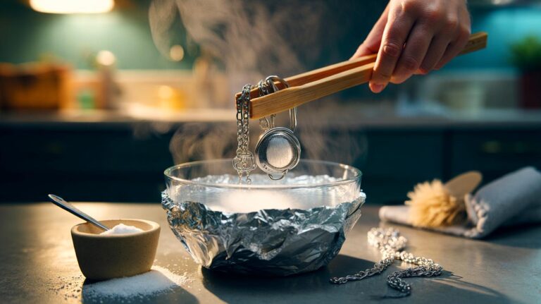 Illustration de l’astuce maison qui rend des bijoux ternes brillants comme neufs grâce au bicarbonate de soude, au papier aluminium et à l’eau chaude