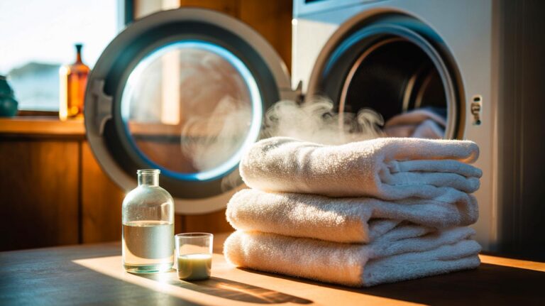 Illustration de serviettes de bain adoucies au vinaigre blanc et à la vapeur, sans adoucissant