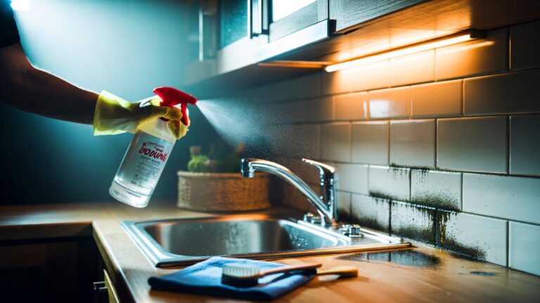 Illustration de l’utilisation de la vodka pour traiter la moisissure sur les joints de carrelage de la cuisine