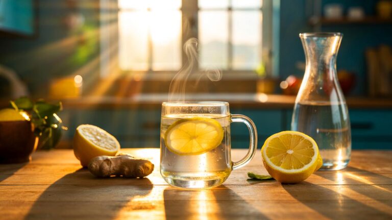 Illustration de la boisson tiède du matin à base d’eau et de citron, parfois relevée de gingembre, consommée à jeun pour hydrater, stimuler la digestion et relancer le métabolisme