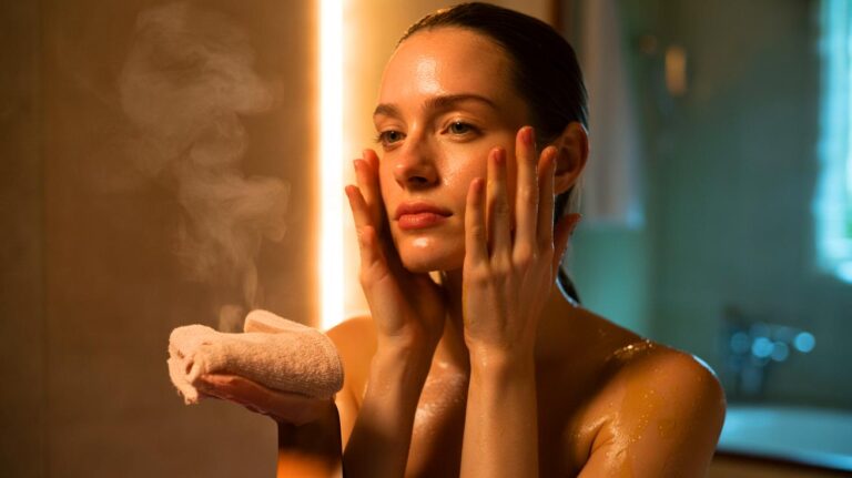 Illustration de l’application d’une huile chaude sur le visage pour purifier la peau et déloger les impuretés