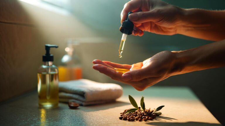 Illustration de [l’application d’huile de jojoba sur les mains pour les hydrater et les assainir]
