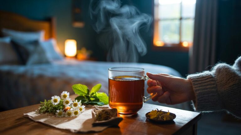 Illustration de l’infusion du soir aux plantes (camomille, mélisse, valériane) favorisant la relaxation et le sommeil profond