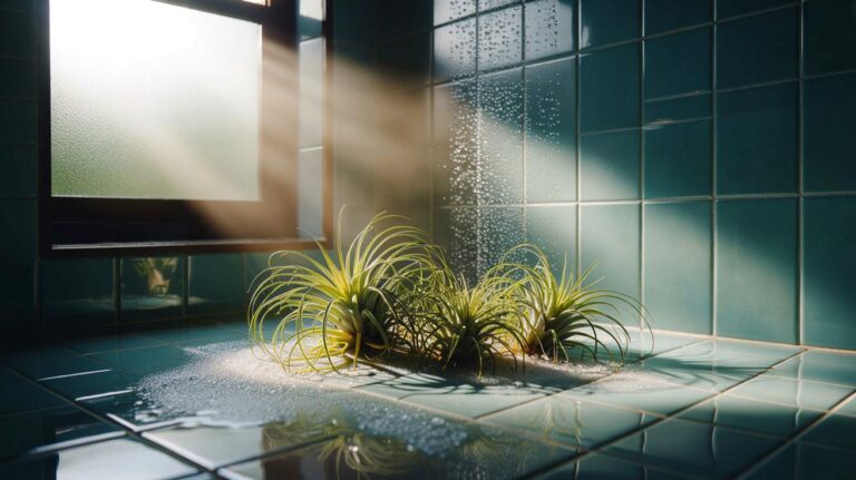 Illustration de tillandsias suspendus dans une salle de bains, réduisant l’humidité et prévenant la moisissure