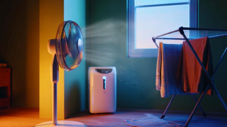 Illustration de la technique de séchage par flux d’air dirigé avec ventilateur et déshumidificateur pour réduire l’humidité et la moisissure dans la maison