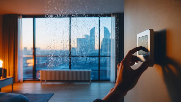 Illustration de la disparition de la condensation sur une fenêtre grâce à un léger relèvement de la température intérieure au lever du jour
