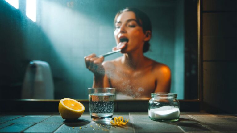 Illustration de l’astuce maison contre la mauvaise haleine en une minute : grattage de la langue et rinçage au bicarbonate et citron