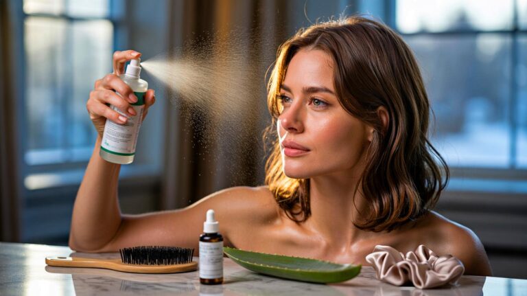 Illustration de [application d’une brume capillaire naturelle à la glycérine et à l’aloe vera pour neutraliser l’électricité statique des cheveux]