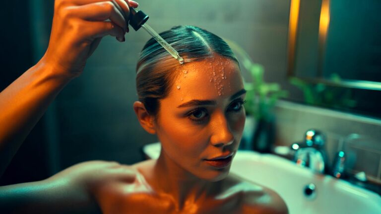 Illustration de l’application d’un soin pré-shampooing exfoliant sur le cuir chevelu pour limiter les cheveux gras et prolonger la sensation de propreté