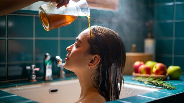 Illustration de rinçage naturel des cheveux au vinaigre de cidre pour une brillance instantanée