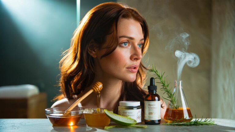 Illustration de soin capillaire naturel au vinaigre de cidre, à l’aloe vera, au miel et à l’huile d’argan pour redonner brillance et vitalité aux cheveux
