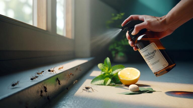 Illustration de l’application d’un spray répulsif naturel au vinaigre, savon et huiles essentielles le long des plinthes d’une maison pour éloigner les insectes toute l’année