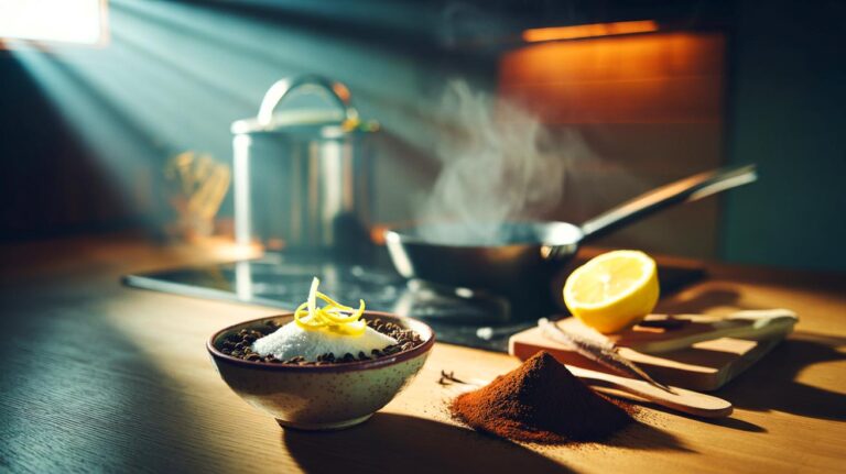 Illustration de la préparation d’un mélange naturel anti-odeurs pour la cuisine à base de bicarbonate de soude, de marc de café, de zestes de citron et de clous de girofle