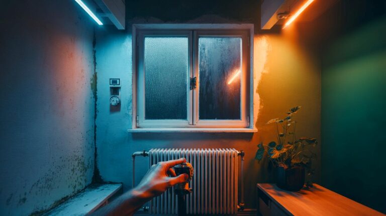Illustration de l’ajustement du chauffage à 18–19 °C et du contrôle de l’humidité à 45–55 % pour éviter la condensation et les murs humides