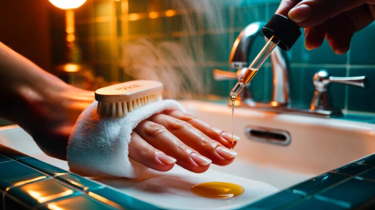 Illustration de mains nettoyant les ongles avec une brosse souple, les séchant soigneusement, puis appliquant une goutte d’huile pour des ongles propres et forts