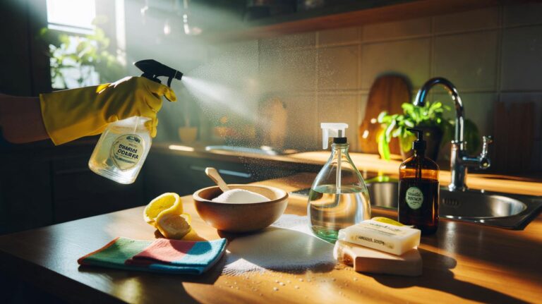 Illustration de la recette de grand-mère au vinaigre blanc, bicarbonate de soude et savon noir pour nettoyer toute la maison sans danger