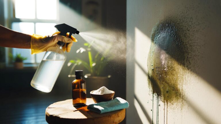 Illustration de l’élimination naturelle des taches noires de moisissure sur un mur avec vinaigre blanc et huile essentielle de tea tree, effet visible dès la première utilisation