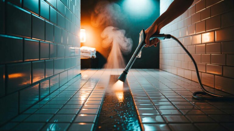 Illustration de joints de salle de bains traités à la vapeur à 60 °C et séchés à 21–23 °C pour empêcher le retour des traces noires