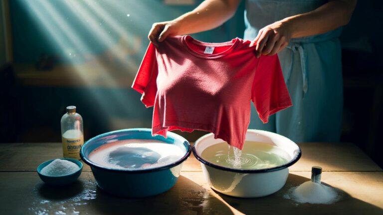 Illustration de l’astuce en deux temps, bain alcalin puis bain acide, qui redonne leur couleur d’origine à des vêtements tachés