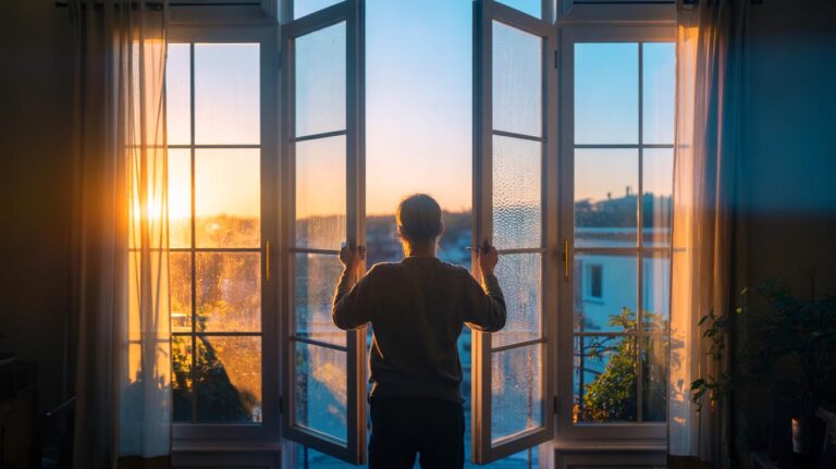 Illustration de l’ouverture des fenêtres le matin pour aérer le logement et réduire l’humidité, prévenant la condensation et la moisissure