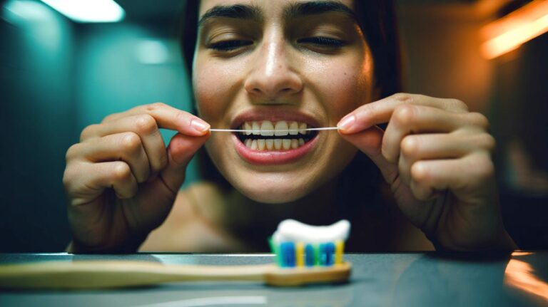 Illustration de l’utilisation du fil dentaire avant le brossage des dents