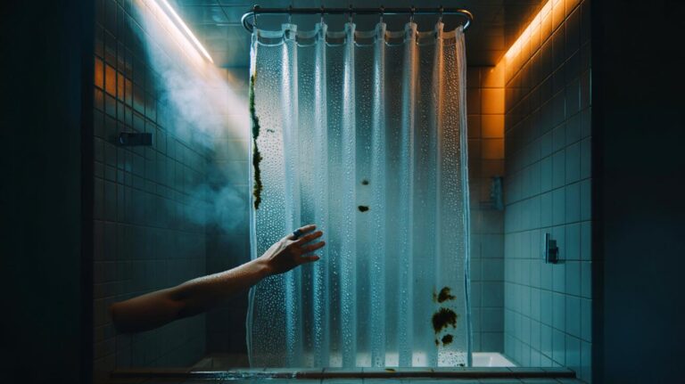 Illustration de la fermeture du rideau de douche retenant l’humidité et favorisant la moisissure dans la salle de bains